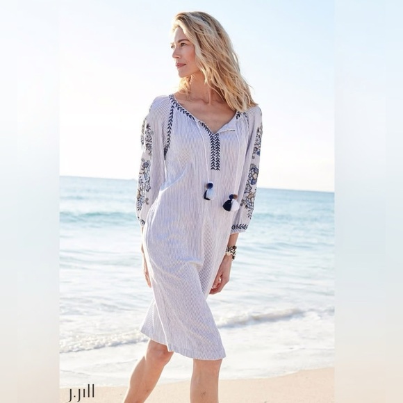 J. Jill Dresses & Skirts - J. Jill‎ Ocean Breeze blue and white striped embroidered long-sleeve dress SZ S